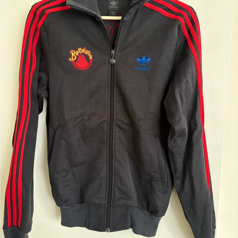Adidas BARCELONA Vintage Graphic Track Jacket with Black, Red and Blue Accents